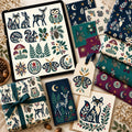 Folk Woodland and Forest Friends artwork displayed on a tablet with coordinated fabrics, wrapped gifts, stationery, swatches, a notebook, and a fox card.