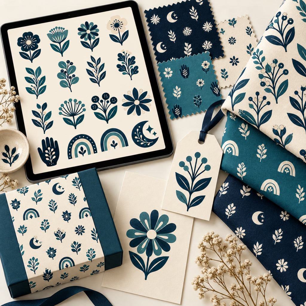 Midnight Meadow collection displayed on a tablet with coordinated fabric, packaging, stationery, swatches, and a gift tag.
