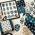 Midnight Meadow collection displayed on a tablet with coordinated fabric, packaging, stationery, swatches, and a gift tag.
