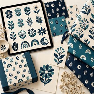 Midnight Meadow collection displayed on a tablet with coordinated fabric, packaging, stationery, swatches, and a gift tag.