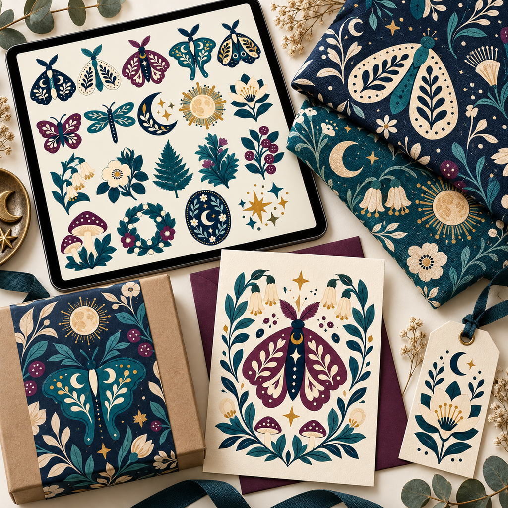 Moonlit Moth Garden Clipart & Seamless Pattern Bundle - 40 Transparent PNGs + 6 Digital Papers