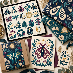 Moonlit Moth Garden Clipart & Seamless Pattern Bundle - 40 Transparent PNGs + 6 Digital Papers