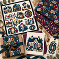 Folk Naturalist's Field Station illustrations displayed on a tablet with coordinated pattern fabrics, card, gift packaging, and botanical tag.