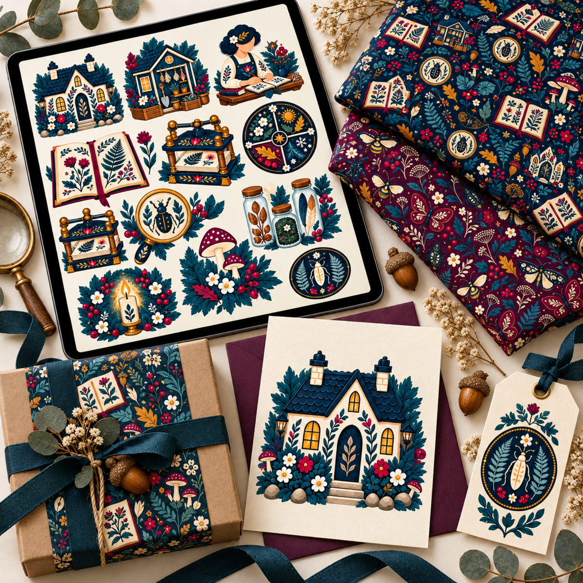 Folk Naturalist's Field Station illustrations displayed on a tablet with coordinated pattern fabrics, card, gift packaging, and botanical tag.