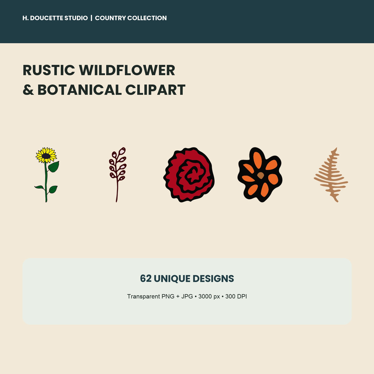 Rustic Wildflower and Botanical Clipart Collection featuring five hand-drawn designs.