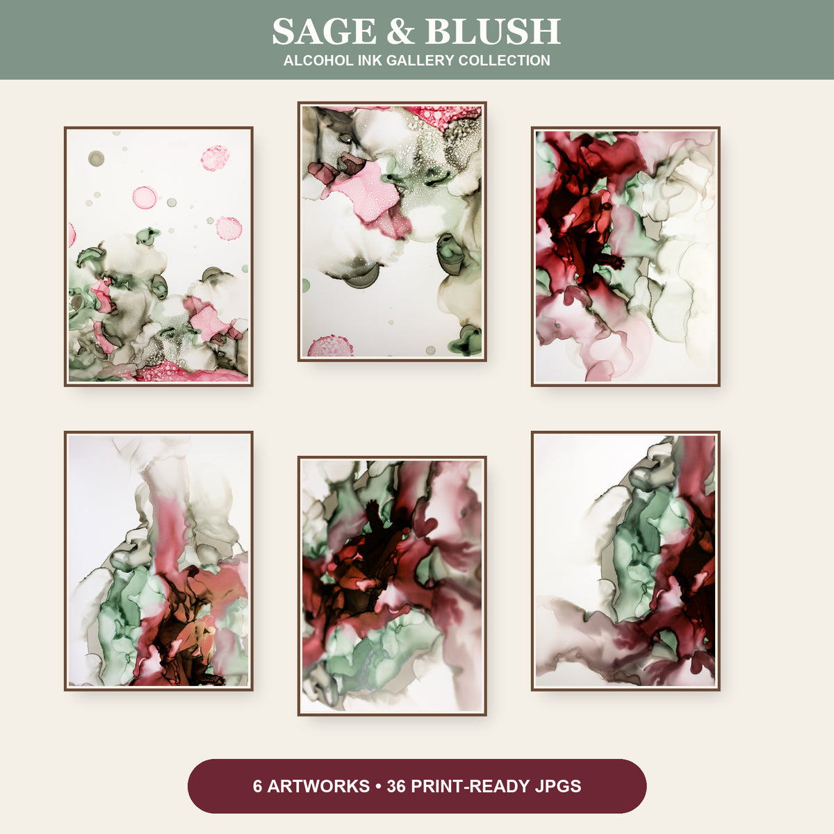 Six sage blush burgundy and charcoal alcohol ink printable artworks arranged as a coordinated gallery wall set.