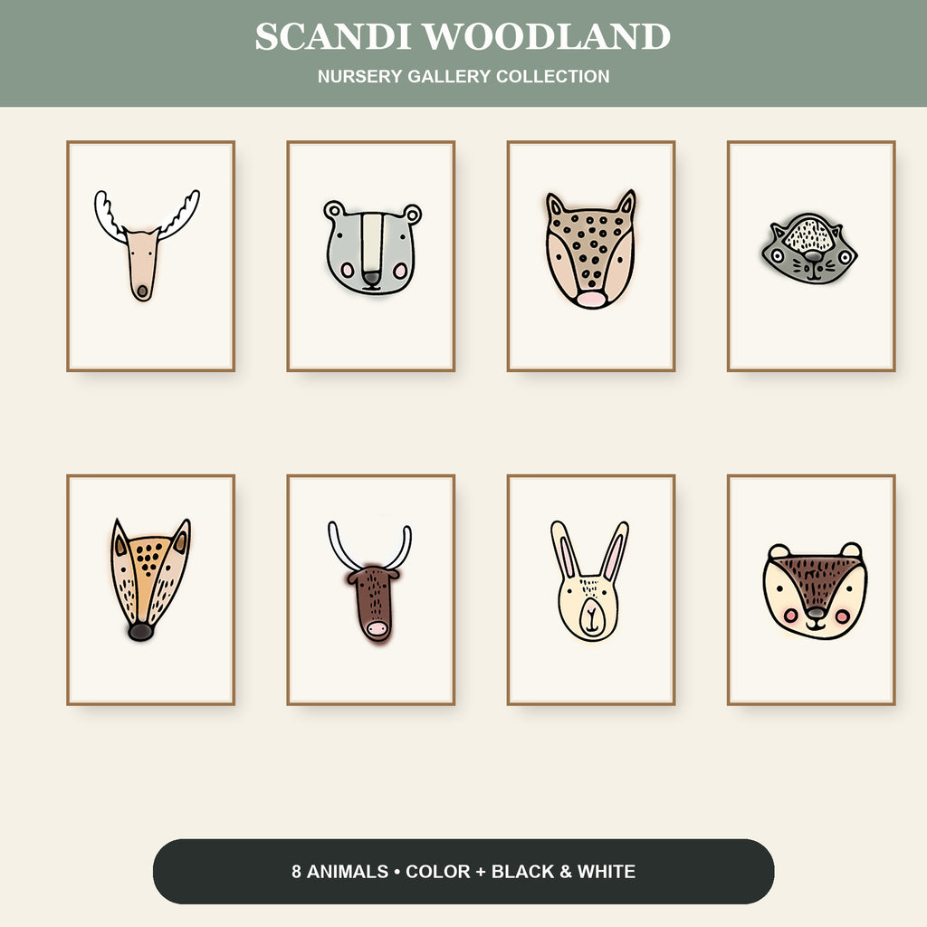 Eight Scandinavian woodland animal nursery prints arranged as a coordinated color gallery wall collection.