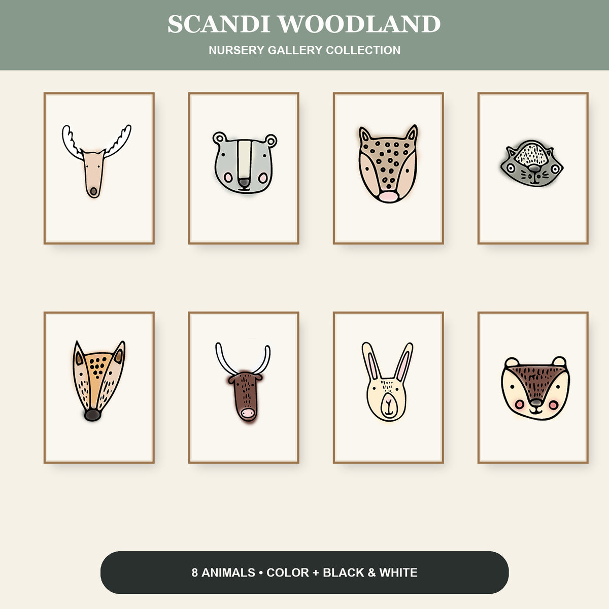 Eight Scandinavian woodland animal nursery prints arranged as a coordinated color gallery wall collection.