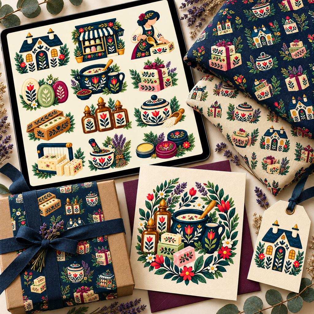 Folk Soapmaker’s Cottage and Herbal Bathhouse clipart bundle hero mockup