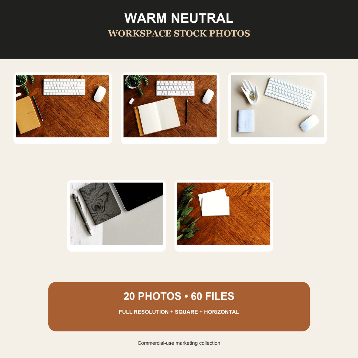 Warm neutral workspace styled stock photo bundle hero with five rustic desk photographs
