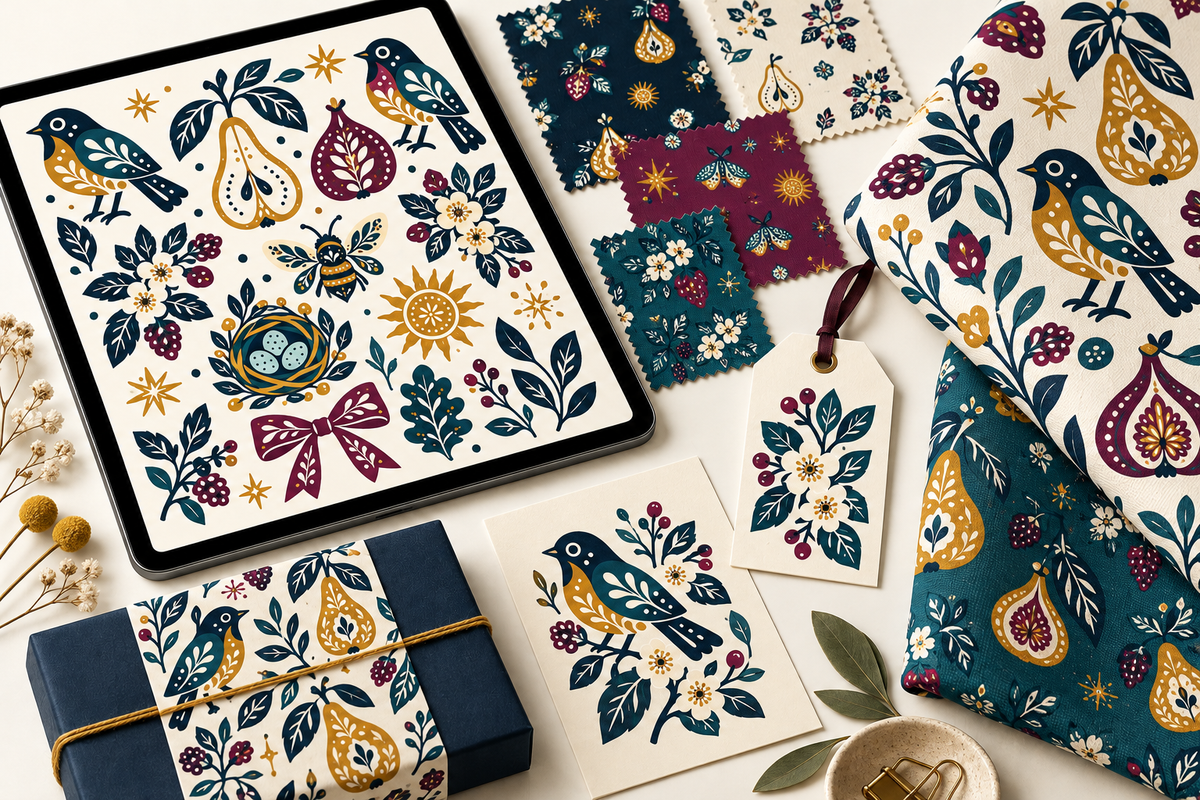 Wild Orchard and Songbirds artwork displayed on a tablet with coordinated fabric, gift packaging, stationery, swatches, and a hang tag.