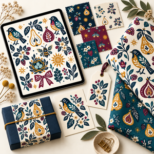 Wild Orchard and Songbirds folk-art collection shown on a tablet with coordinated fabric, gift packaging, stationery, swatches, and a hang tag.