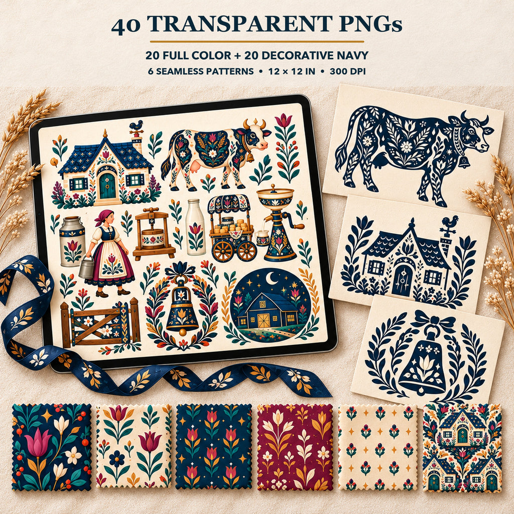 Folk Dairy Farm & Village Creamery Clipart Bundle - 40 Transparent PNGs + 6 Seamless Patterns