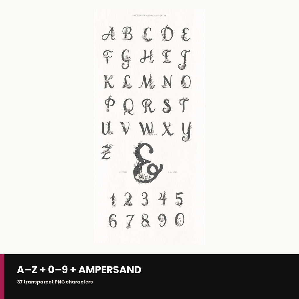 Preview grid of the full A to Z floral monogram alphabet included in the set