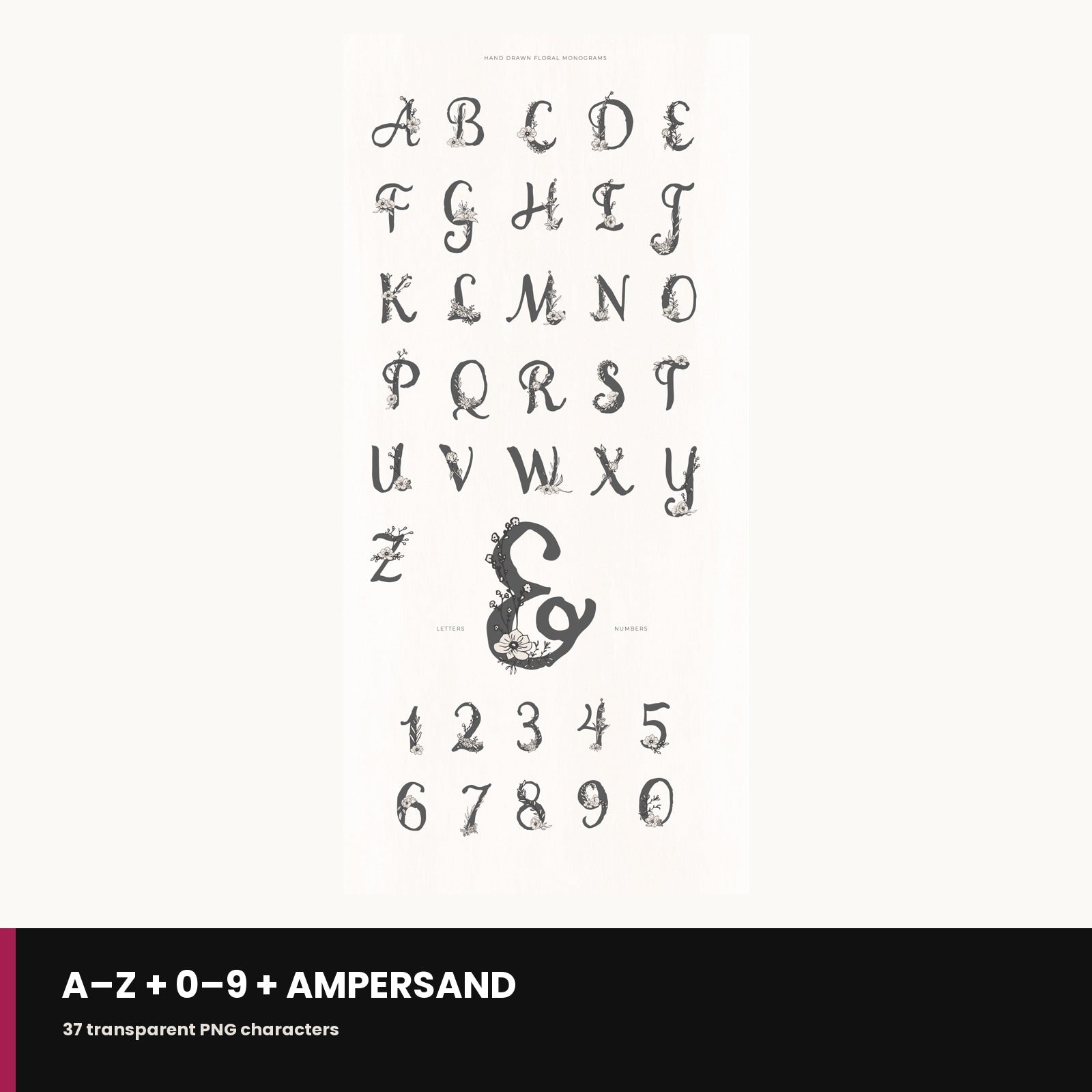 Preview grid of the full A to Z floral monogram alphabet included in the set