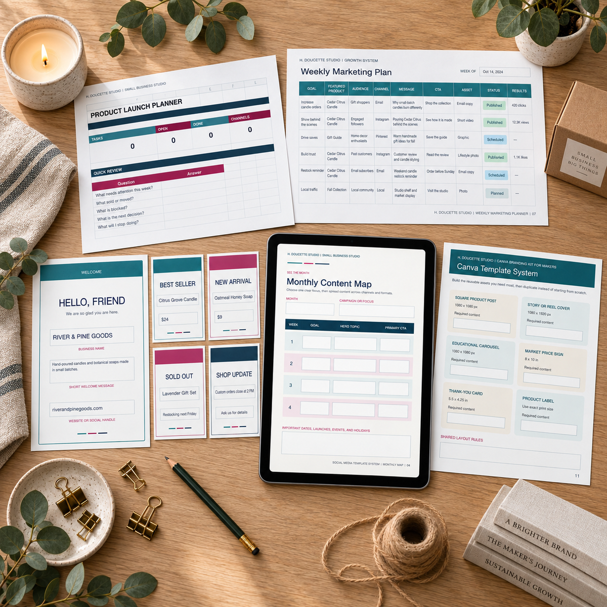 Flat lay of the Brand and Marketing Bundle launch planner, weekly marketing planner, signage, social templates, and branding kit.