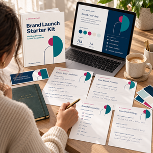 Small business owner using the Brand Launch Starter Kit workbook and editable brand guide on a laptop at a warm studio desk.