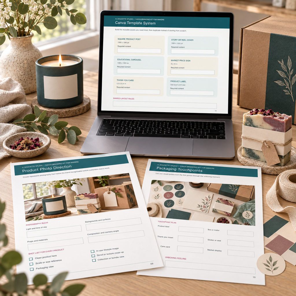 Canva Branding Kit for Makers shown on a laptop with Product Photo Direction and Packaging Touchpoints worksheets.
