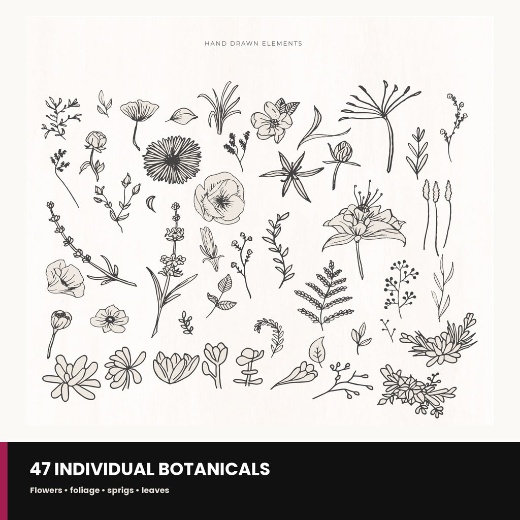 Preview grid of the individual hand-drawn botanical element PNGs included in the kit