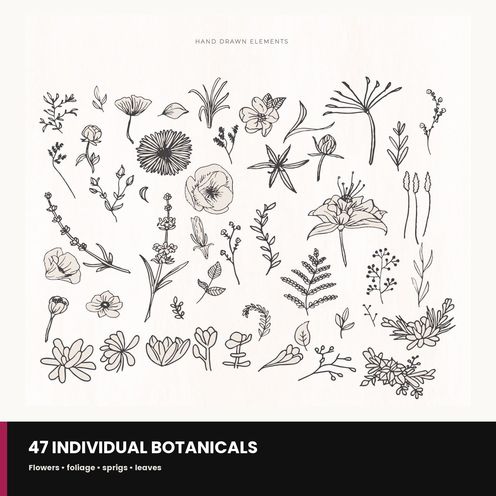 Preview grid of the individual hand-drawn botanical element PNGs included in the kit