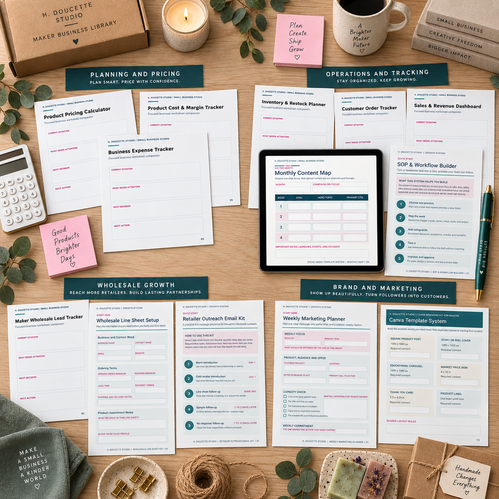 Flat lay of the complete Maker Business Library organized into planning, operations, wholesale, and marketing tools.