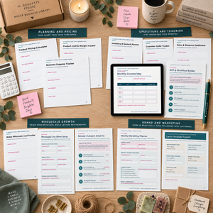 Flat lay of the complete Maker Business Library organized into planning, operations, wholesale, and marketing tools.