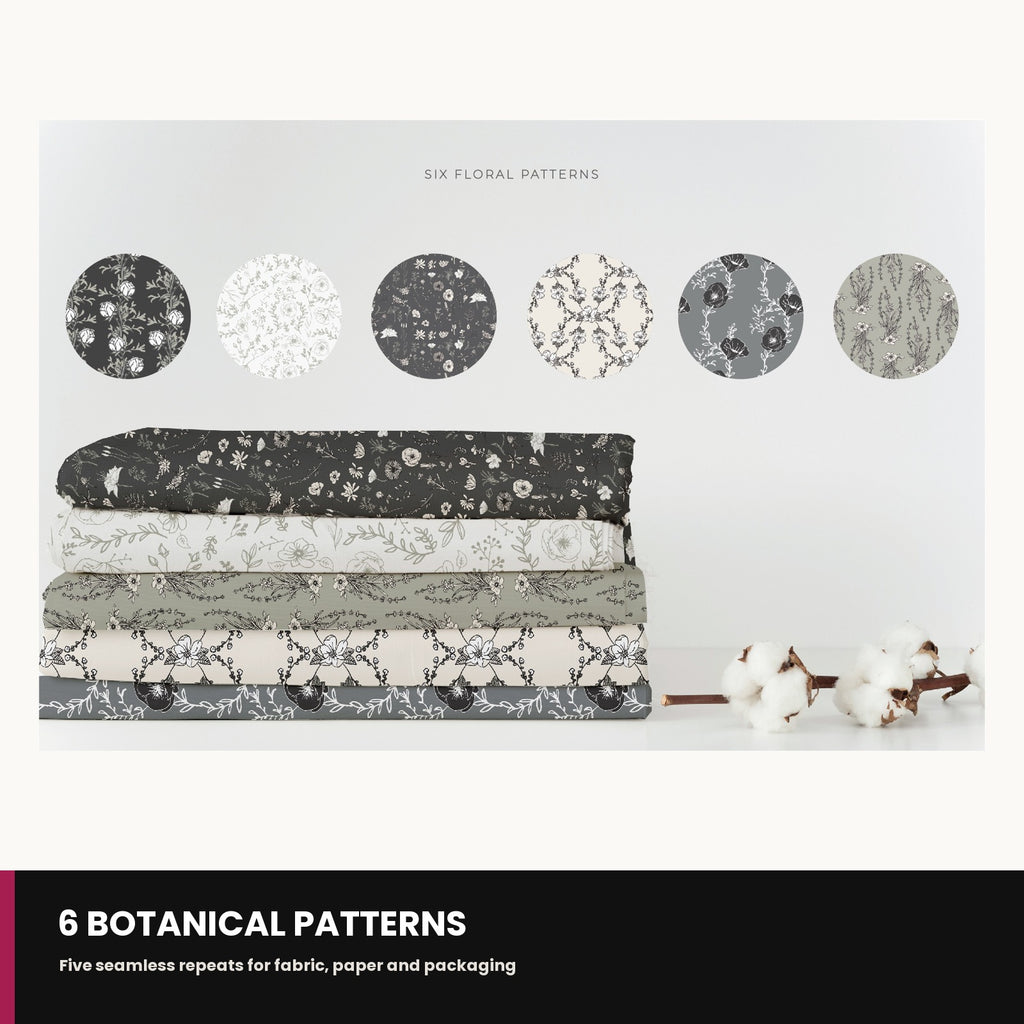 Preview grid of the six botanical patterns included in the collection