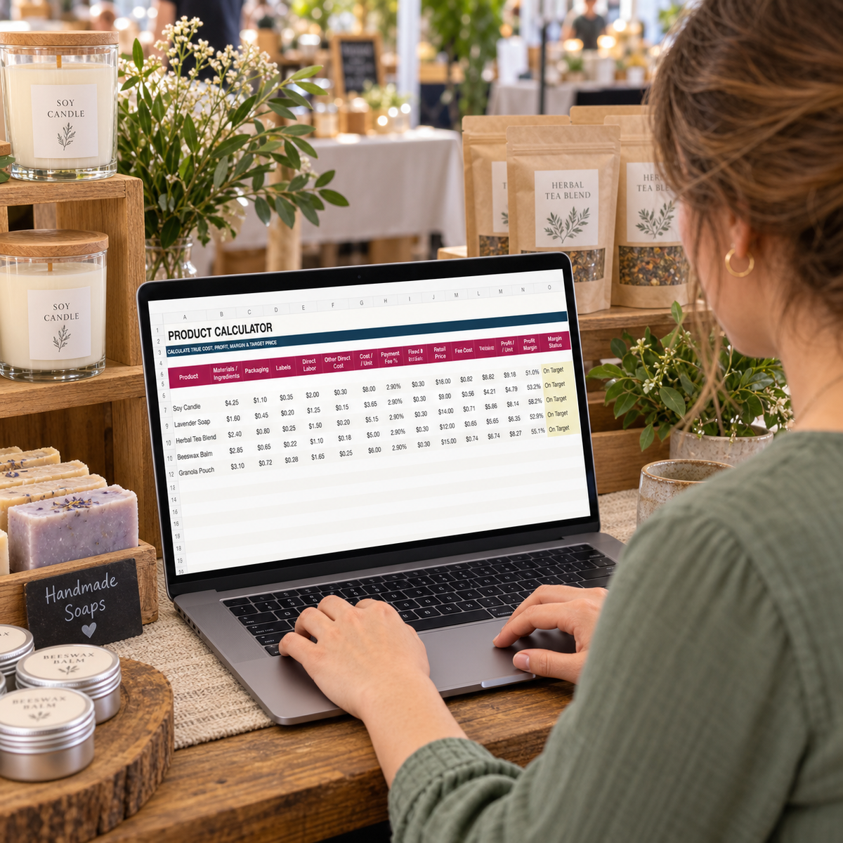 Market vendor using the Product Profit Calculator at an artisan market booth