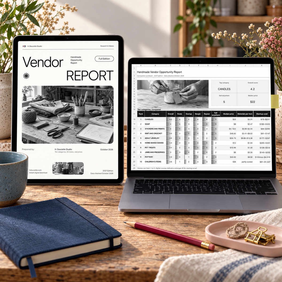 Handmade vendor report PDF and companion Excel workbook ranking 10 handmade product categories