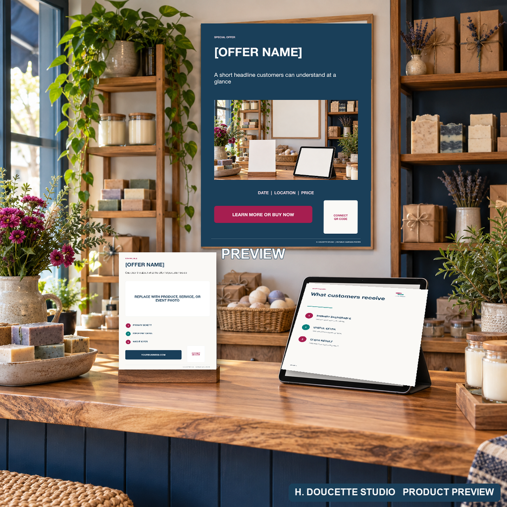 Campaign Launch System poster, flyer, and social promotion template displayed in a warm independent retail shop.