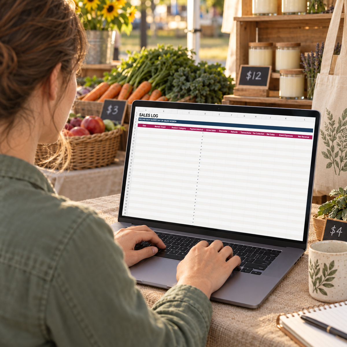 Market vendor entering sales in the Market Revenue Spreadsheet at a farmers market booth