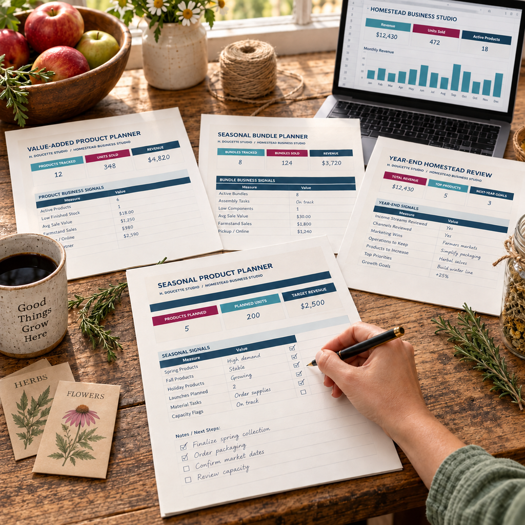 A homestead seller uses the Seasonal Product Bundle worksheet to plan seasonal products and pricing at a rustic worktable.