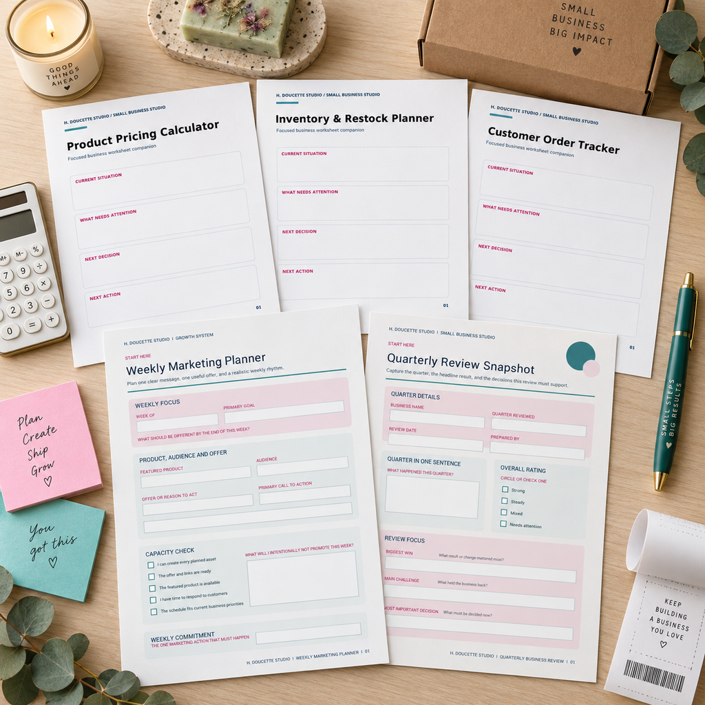 Flat lay of the five Small Business Starter Bundle worksheets for pricing, inventory, orders, marketing, and quarterly review.