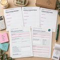 Flat lay of the five Small Business Starter Bundle worksheets for pricing, inventory, orders, marketing, and quarterly review.