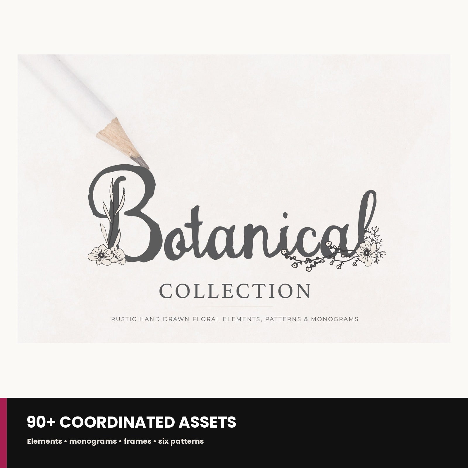 Preview grid showing everything included in the Complete Botanical Design Studio Bundle: elements, frames, monogram alphabet, and patterns