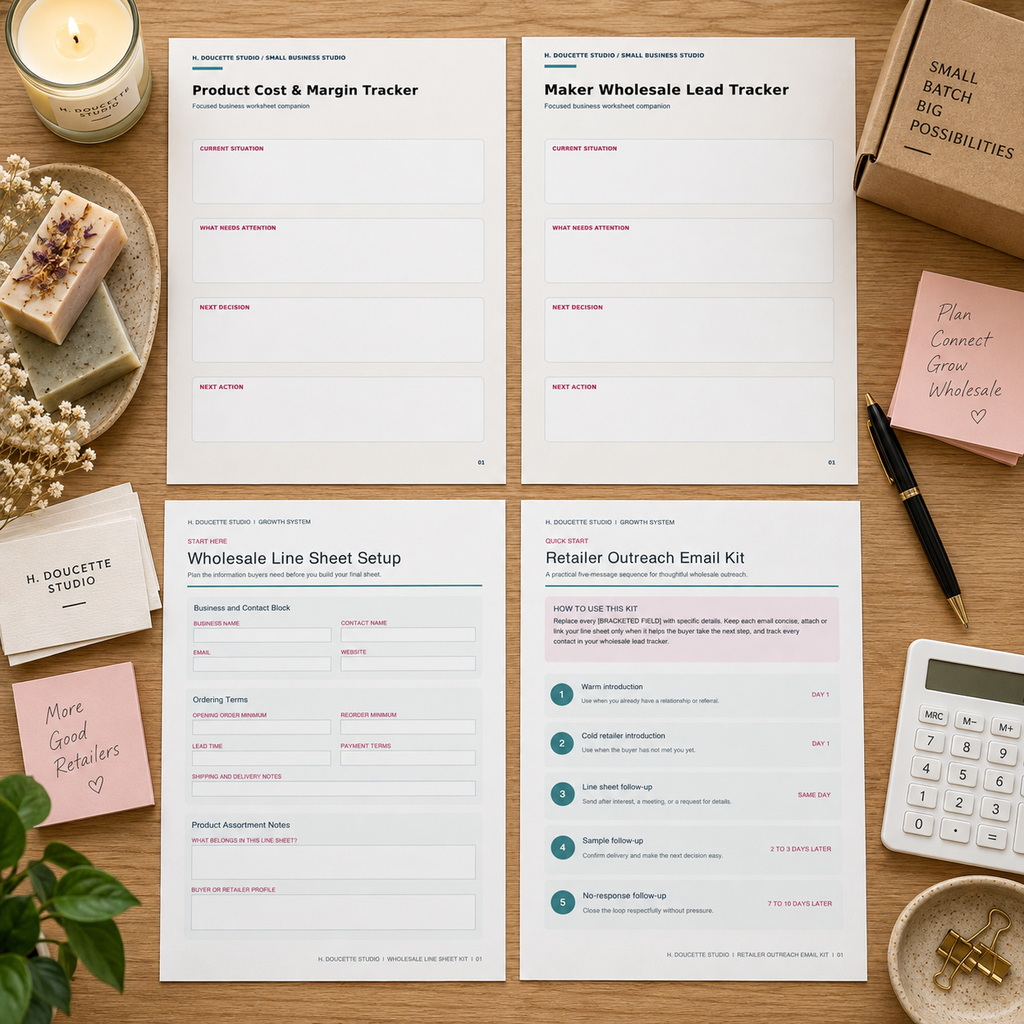 Flat lay of the Wholesale Growth Bundle pricing tracker, lead tracker, line sheet kit, and retailer email kit.