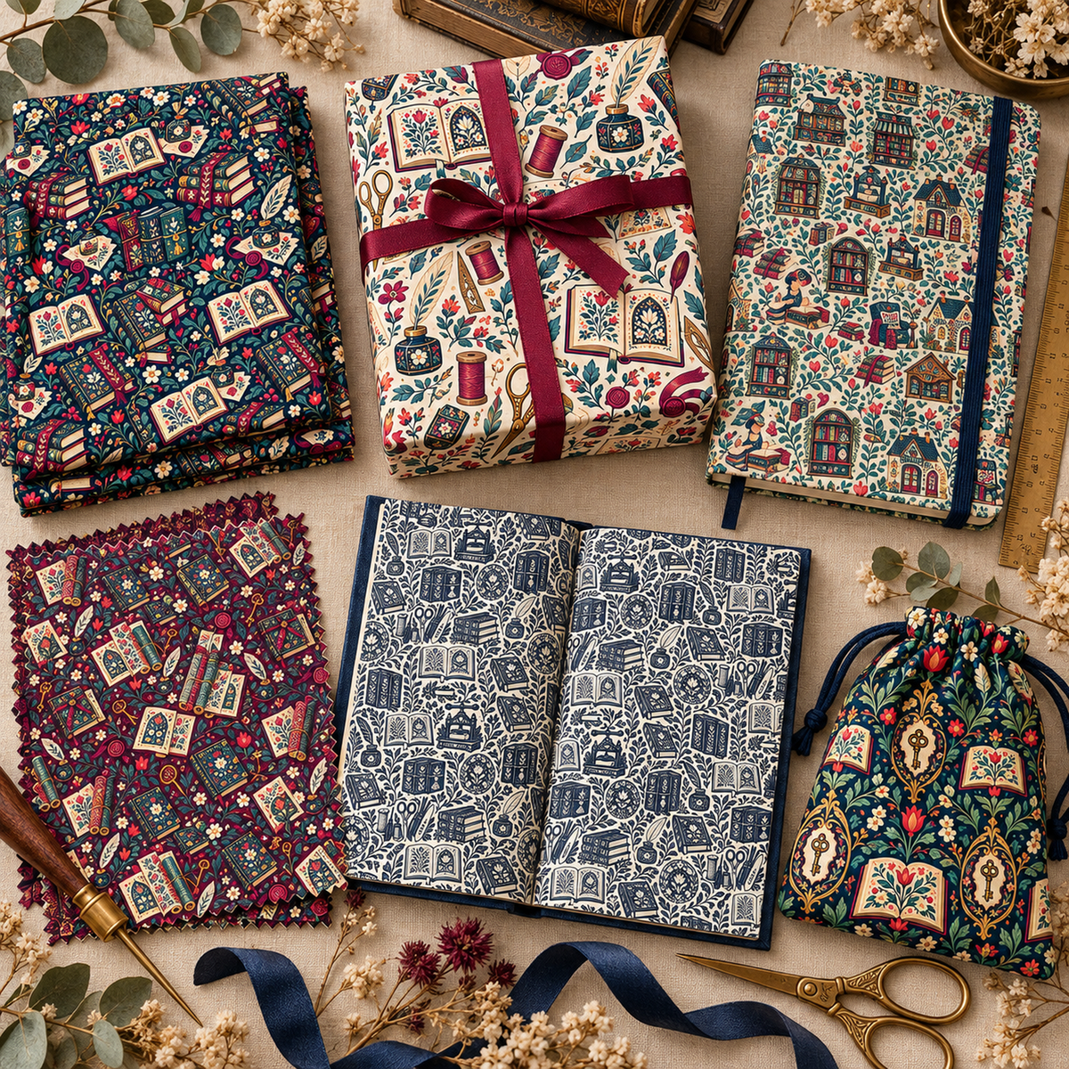Six folk bookbinder seamless patterns on fabric, journals, gift wrap, and book cloth