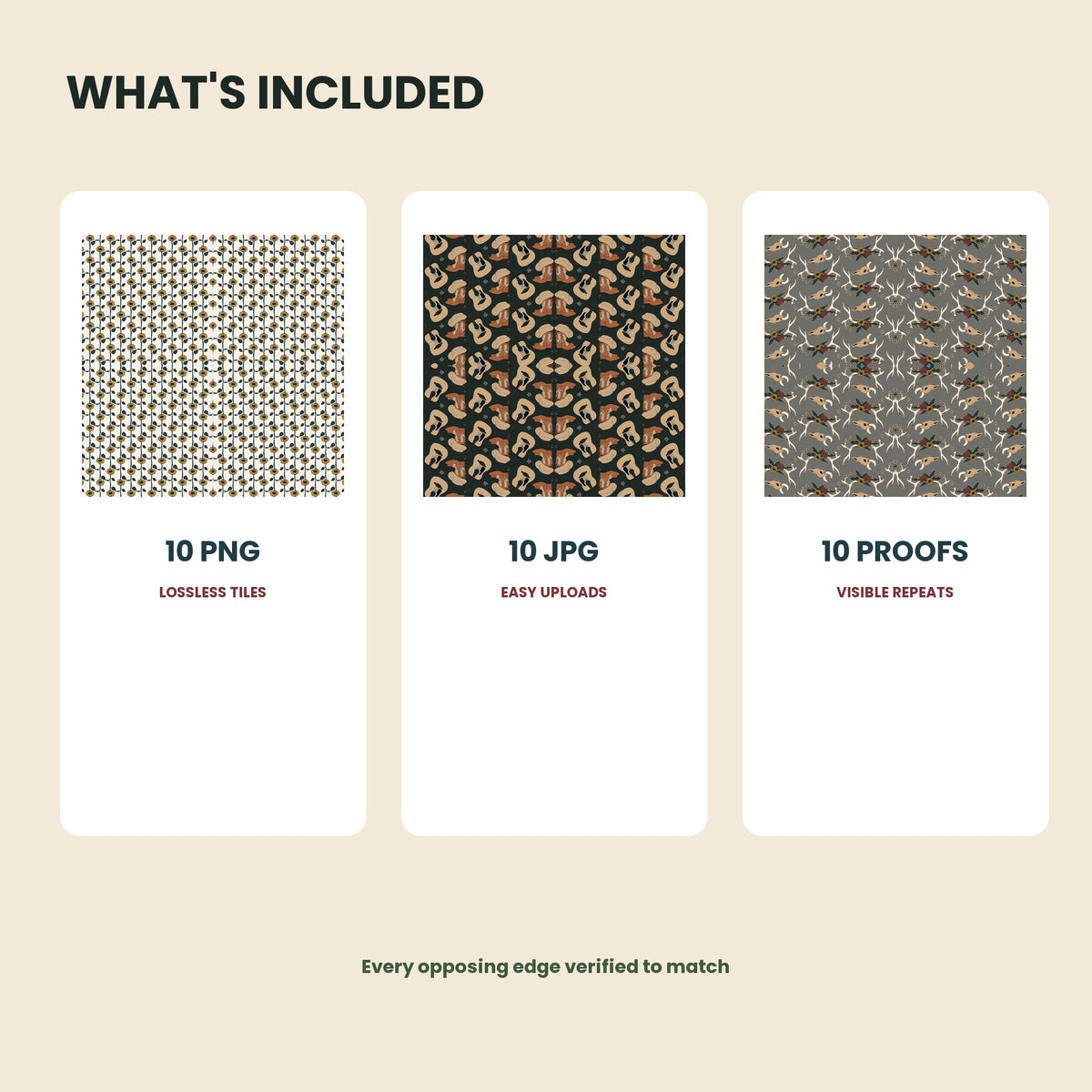 Ten PNG tiles, ten JPG tiles, and ten visible repeat proofs.