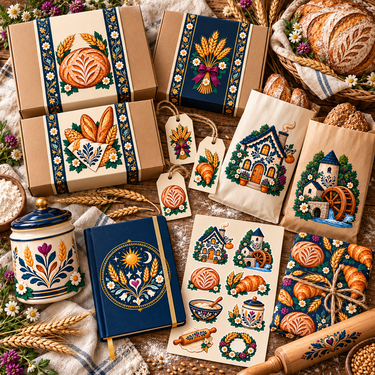 Folk bakery and flour mill artwork shown on bread packaging, labels, market goods, and coordinated small-business branding.