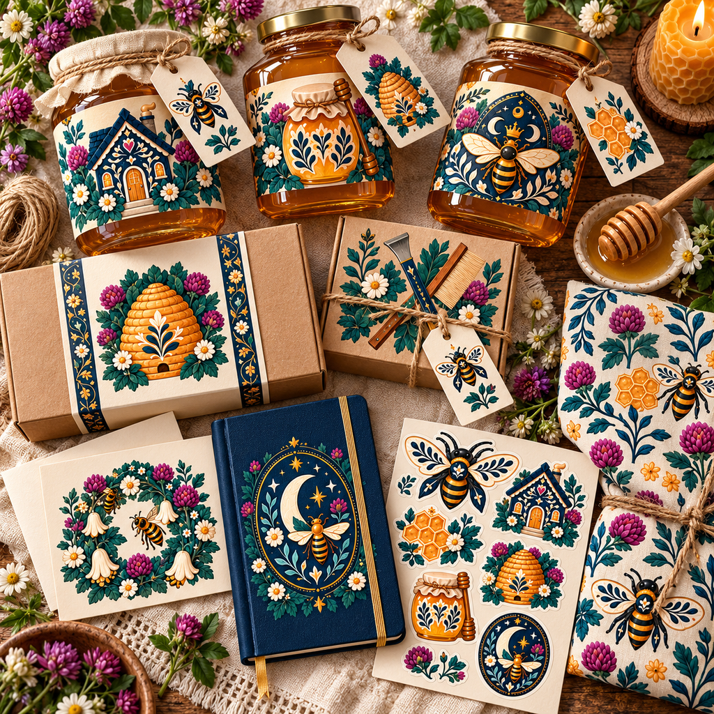 Folk beekeeper and honey house artwork shown on honey-market packaging, labels, jars, and coordinated small-business branding.