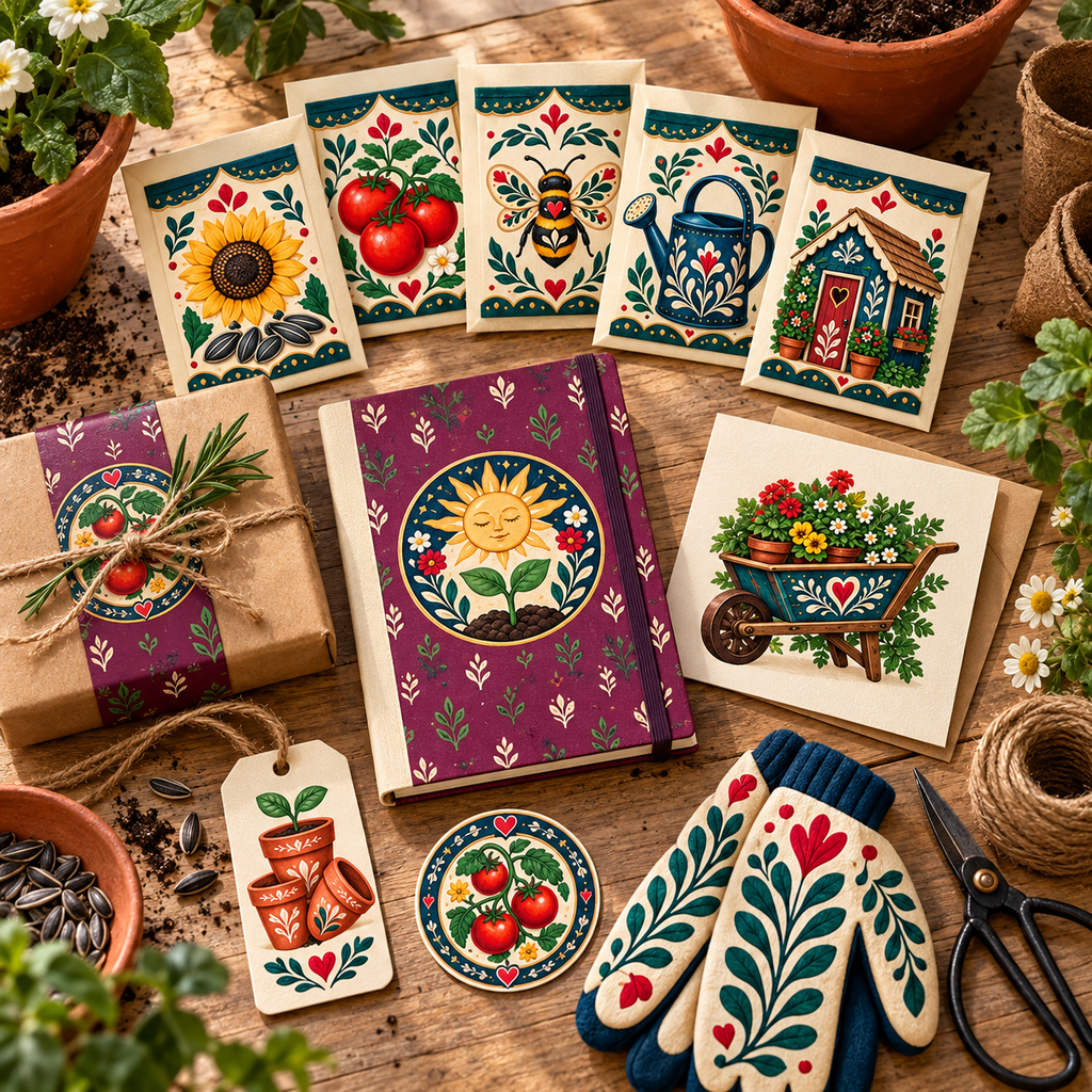 Folk Garden Seed Shop & Potting Shed artwork shown across coordinated pattern applications and practical small-business design uses.