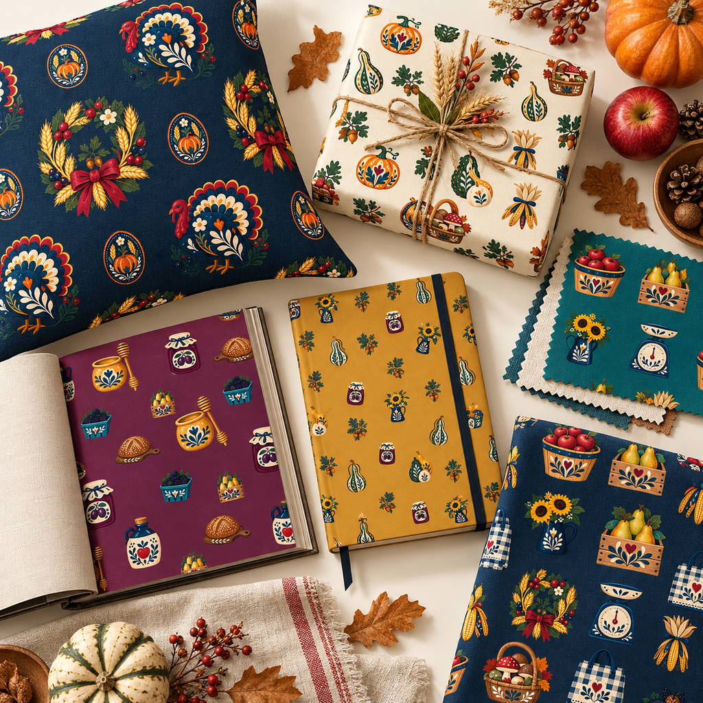 Folk Harvest Market & Farmstand artwork shown across coordinated pattern applications and practical small-business design uses.