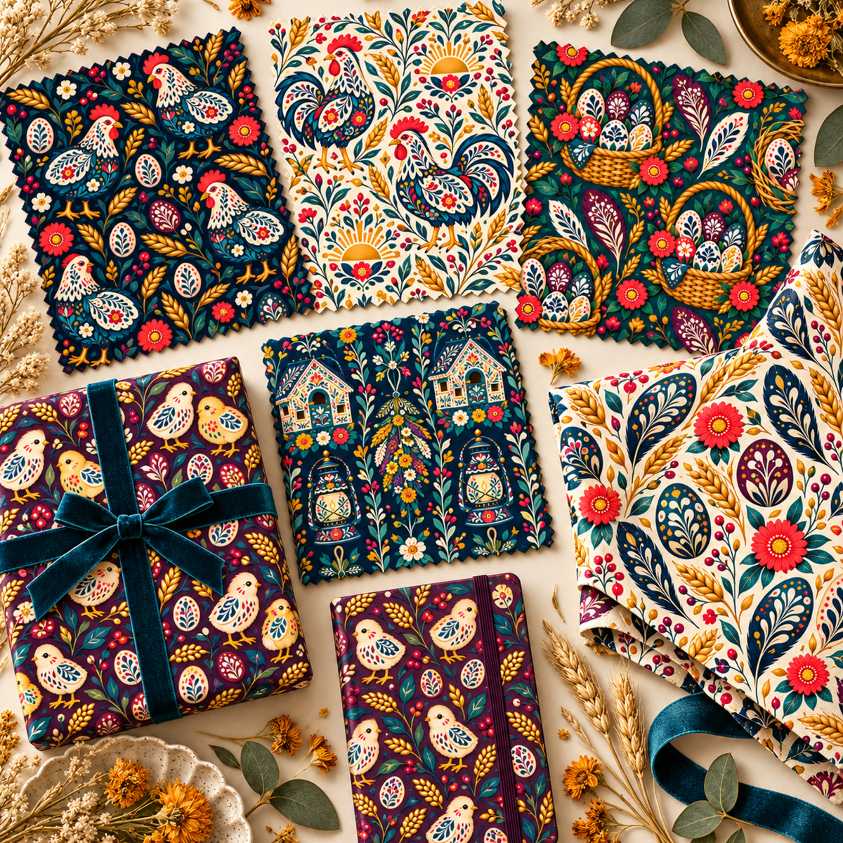 All six Folk Henhouse seamless patterns shown across fabric swatches, gift wrap, a notebook, and coordinated textile applications.