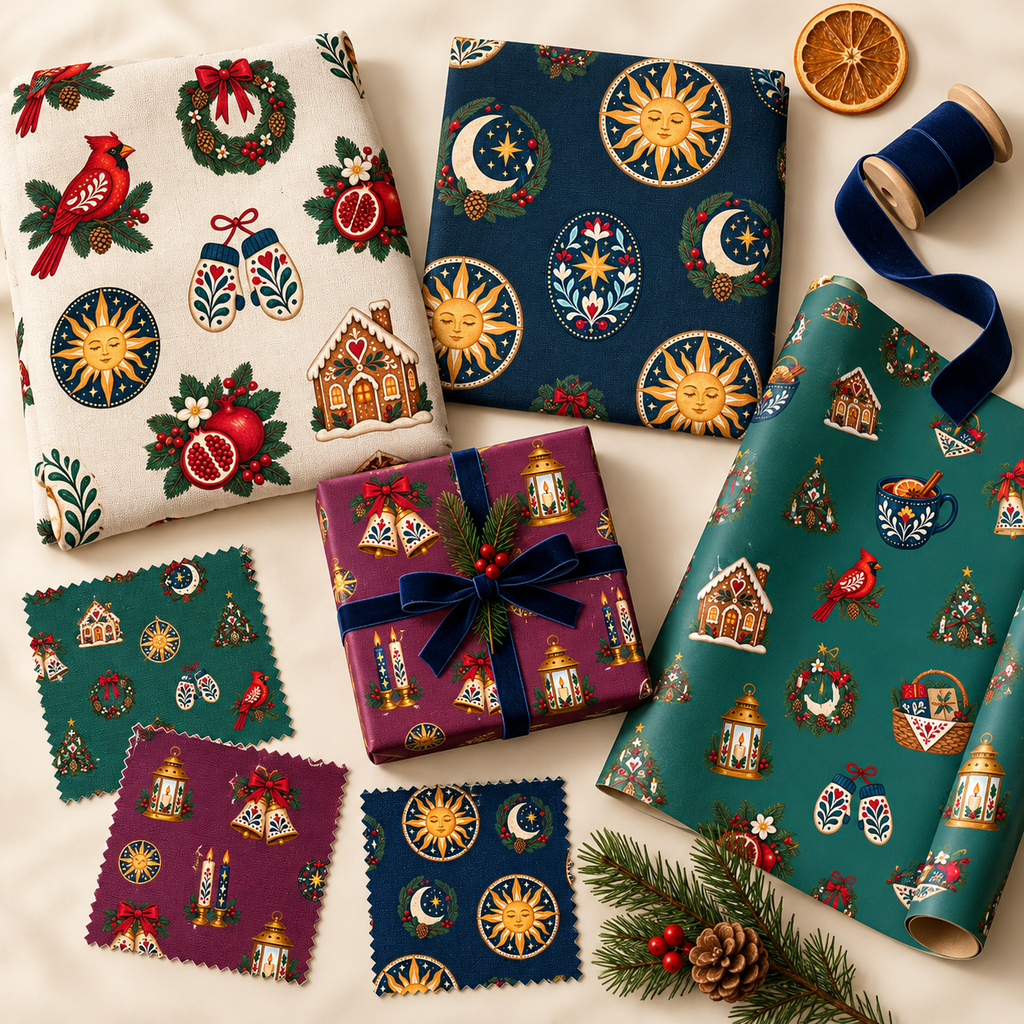 Folk Winter Solstice & Evergreen Market Clipart Bundle - 40 Transparent PNGs + 6 Seamless Patterns