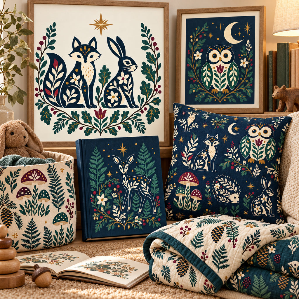Woodland fox, hare, deer, owl, hedgehog, squirrel, botanical, and celestial artwork used in nursery prints and a storybook-themed creative workspace.