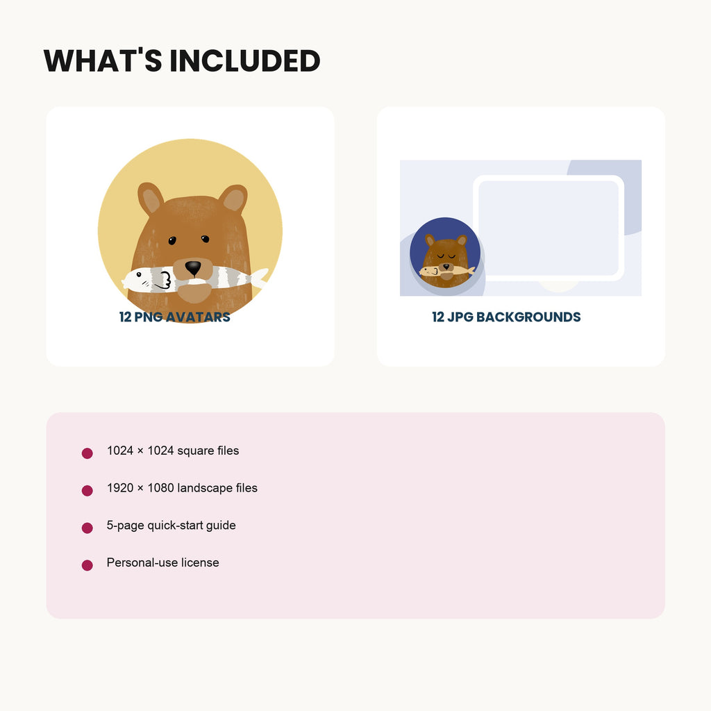 Product contents showing PNG avatars, JPG backgrounds, guide, and license.