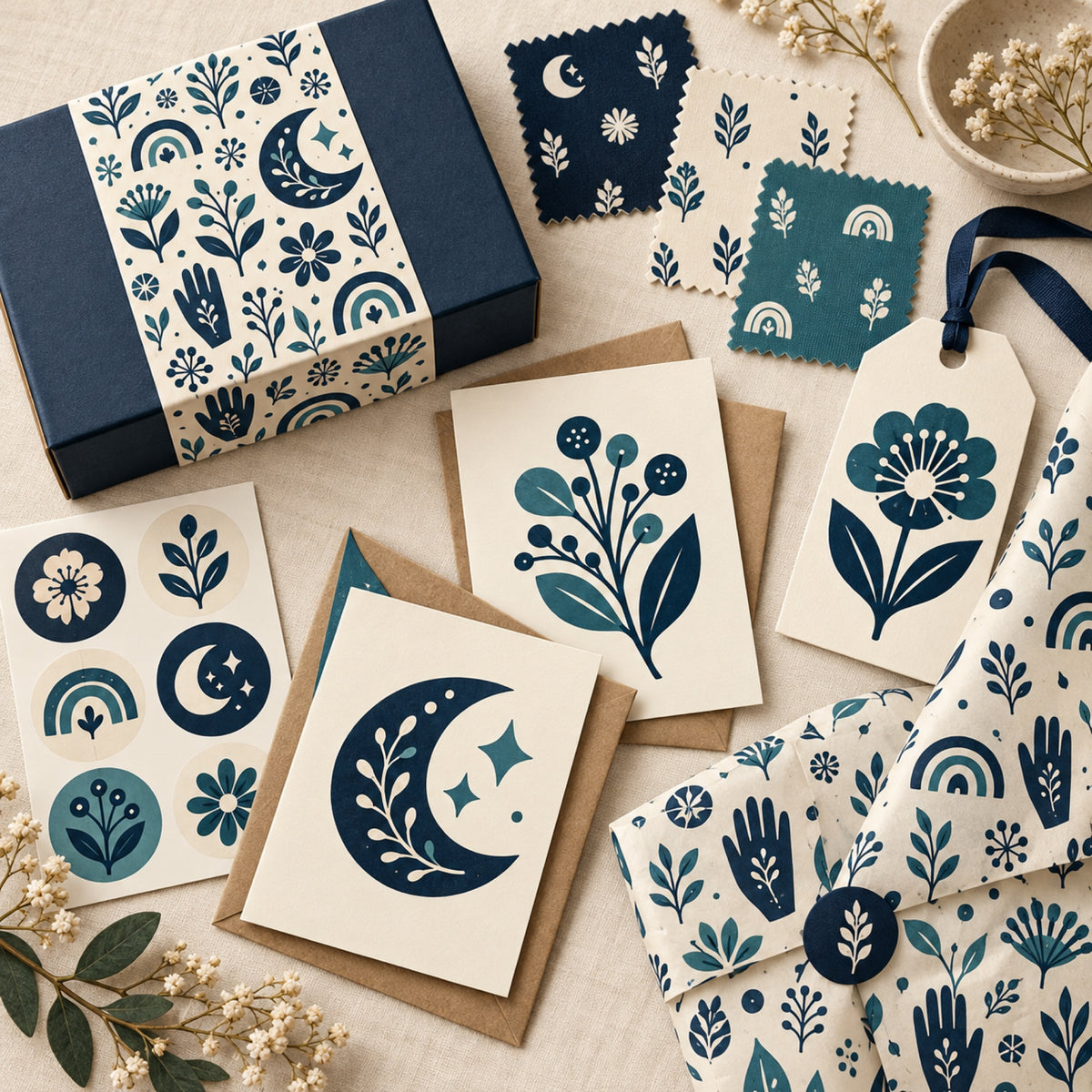 Folk botanical graphics applied to a gift box, cards, sticker labels, tissue paper, tags, and fabric swatches.