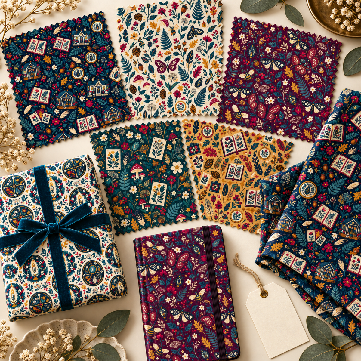 Six Naturalist seamless patterns shown as fabric swatches, gift wrap, notebook cover, and folded printed fabric.