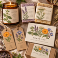 Pressed botanical illustrations used on handmade soap labels, candle packaging, tags, and a thank-you card.