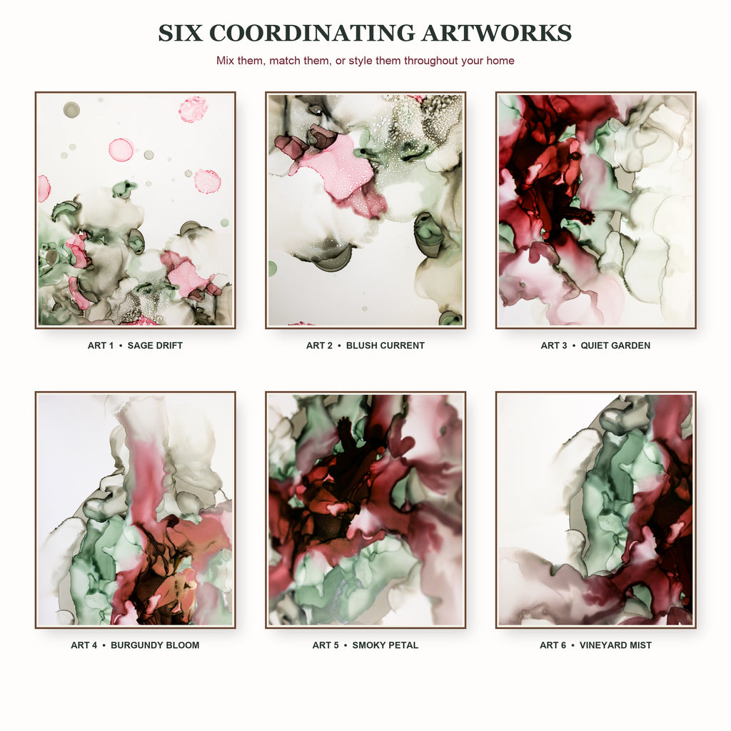 All six abstract alcohol ink designs shown together with their individual artwork names.